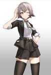  absurdres belt brown_hair collared_shirt cowboy_shot girls&#039;_frontline girls&#039;_frontline_2:_exilium grey_hair hand_on_own_hip hand_up highres nail_polish neck one_eye_closed scar scar_across_eye scar_on_face shirt short_hair shorts simple_background suit thighhighs ump45_(girls&#039;_frontline) zzq 