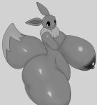anthro areola belly big_breasts big_butt big_tail breasts butt chubby_anthro chubby_female eevee female fur generation_1_pokemon hi_res huge_breasts huge_butt huge_thighs hyper hyper_breasts hyper_butt hyper_thighs monochrome nintendo nipples nude pokemon pokemon_(species) side_view simple_background smile solo standing tail tha_randomu thick_thighs