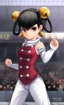  1girl artist_name audience batazungharn bell bell_earrings black_hair blurry blurry_background braided_hair_rings breasts chinese_clothes clenched_hands cowboy_shot dated detached_sleeves earrings fighting_stance hair_bell hair_ornament highres jewelry lin_lin_(one-punch_man) medium_breasts one-punch_man pants petite red_eyes shirt sleeveless sleeveless_shirt solo stadium v-bangs white_pants 