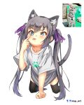  1girl absurdres akanbe animal_ear_fluff animal_ears artist_logo artist_name black_socks blue_eyes blush cat cat_ears cat_girl cat_tail clenched_hand collarbone commentary_request eyelid_pull finger_to_eye hair_ribbon highres kneeling long_hair long_shirt nisp_art no_shoes original paw_print personification purple_ribbon reference_inset ribbon russian_commentary shirt short_sleeves sidelocks simple_background socks solo tail thighhighs tongue tongue_out v-shaped_eyebrows white_background white_shirt 