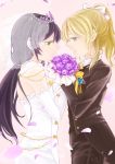  ayase_eli b_k blonde_hair blue_eyes bouquet bow bridal_veil crossdressing dress elbow_gloves flower gloves green_eyes groom high_ponytail highres holding holding_bouquet looking_at_another love_live! love_live!_school_idol_project ponytail profile purple_hair tiara toujou_nozomi veil wedding wedding_dress wife_and_wife yuri 