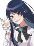  1girl ado_(utaite) black_bow black_bowtie blue_eyes blue_flower blue_hair blue_rose blush bow bowtie chando_(ado) cloud_nine_inc collared_shirt colored_inner_hair commentary_request cup dark_blue_hair dress_shirt drinking_straw flower flower_brooch gloves highres holding holding_cup long_hair looking_at_viewer mole mole_under_eye multicolored_hair open_mouth riseno rose shirt sidelocks simple_background smile solo two-tone_hair upper_body utaite white_background white_gloves white_shirt 