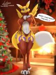 absurd_res anthro bandai_namco big_breasts black_sclera blue_eyes breasts canid canine christmas christmas_decorations christmas_tree clothing digimon digimon_(species) female fur hi_res holidays legwear link6432 mammal panties plant renamon solo stockings sweater topwear tree underwear white_body white_fur yellow_body yellow_fur