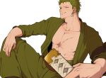  1boy abs black_eyes breasts center_opening chimaaa333 cleavage coat colored_skin earrings from_side green_coat green_hair highres holding holding_weapon jewelry male_focus muscular muscular_male one_eye_closed one_piece pectorals roronoa_zoro sash scar scar_on_chest scar_on_face short_hair single_earring sitting smirk solo sword weapon white_skin 