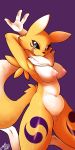  2019 3_fingers anthro areola big_breasts black_sclera blue_eyes breasts claws digimon digimon_(species) digital_media_(artwork) erect_nipples female fluffy fluffy_tail fur kneeling looking_at_viewer mammal navel neck_tuft nipples nude pussy pussy_juice renamon simple_background smile solo sruto tongue tongue_out tuft white_fur yellow_fur 