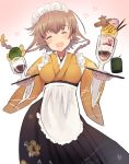  absurdres alternate_costume apron braid closed_eyes edel_(edelcat) food gradient gradient_background green_tea heart highres ice_cream_cup japanese_clothes kantai_collection light_brown_hair maid pocky smile tea teruzuki_(kantai_collection) twin_braids 
