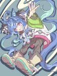  1girl @_@ ahoge animal_ears aqua_background aqua_hair bad_id bad_pixiv_id bd96_(sh28976778) black_leggings black_nails blue_hair boots bow crossed_bangs fingernails floating full_body grin hair_bow heterochromia highres hood hoodie horse_ears horse_girl horse_tail inactive_account leaning_forward leggings long_fingernails long_hair long_sleeves looking_at_viewer multicolored_clothes multicolored_hair multicolored_hoodie nail_polish open_hand outstretched_arms pink_eyes purple_eyes sharp_teeth sidelocks smile solo striped striped_bow stuffed_animal stuffed_rabbit stuffed_toy tail teeth twin_turbo_(umamusume) twintails two-tone_hair umamusume yellow_footwear 