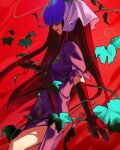  1girl black_gloves black_hair china_dress chinese_clothes covered_eyes dress elbow_gloves feet_out_of_frame flower flower_on_head from_side gloves grape_print hand_up highres kaigen_1025 long_hair plant puffy_short_sleeves puffy_sleeves purple_dress red_background short_sleeves side_slit sidelighting smile touhou veil very_long_hair vine_print vines yomotsu_hisami 