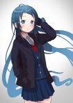  1girl blue_eyes blue_hair dolphins3ino hand_in_pocket highres jacket kantai_collection long_hair long_sleeves necktie pleated_skirt samidare_(kancolle) school_uniform simple_background skirt solo very_long_hair 