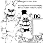 2023 animatronic anthro bear black_and_white bonnie_(fnaf) bow_tie chair clothing computer computer_keyboard computer_mouse desk dialogue duo electronics english_text epic_games epm341 eyebrows five_nights_at_freddy&#039;s fortnite freddy_(fnaf) furniture hat headgear headwear humor lagomorph leporid machine male mammal meme monochrome open_mouth rabbit robot scottgames shitpost simple_background sitting standing table teeth text top_hat vein white_background