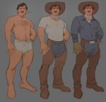  1boy absurdres arm_hair bara beard boxers bulge chest_hair cowboy_(enri) cowboy_hat cowboy_western crotchless crotchless_pants enri_(ceinordraws) facial_hair full_body hairy hat highres leg_hair looking_at_viewer male_focus male_underwear mature_male multiple_views muscular muscular_male navel navel_hair nipples original pants pectorals reference_sheet shirt short_hair standing stomach t-shirt thick_beard thick_eyebrows thick_mustache topless_male underwear white_male_underwear 