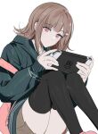  1girl black_jacket brown_hair brown_skirt danganronpa_(series) danganronpa_2:_goodbye_despair feet_out_of_frame galaga hair_ornament handheld_game_console highres holding holding_handheld_game_console hood hooded_jacket jacket knees_up medium_hair nanami_chiaki nintendo_switch pink_bag pink_eyes playing_games pleated_skirt simple_background sitting skirt solo vo1ez white_background 