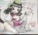  1girl :d animal_ear_fluff animal_ears bare_legs barefoot black_hair blunt_bangs brown_eyes cat_ears cat_girl cat_tail chen commentary_request dated dress fangs fingernails flat_chest foul_detective_satori hand_on_knees highres long_hair long_sleeves looking_down lower_teeth_only nail_polish petite puffy_long_sleeves puffy_sleeves raino red_nails red_tabard sharp_fingernails sitting smile solo spread_legs tabard tail teeth toenail_polish toenails touhou traditional_media white_dress 
