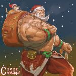  1boy 2022 bara beard christmas facial_hair flexing_pecs from_side full_beard hat highres itadori_shuu large_pectorals long_beard looking_at_viewer male_focus mature_male muscular muscular_male mustache old old_man original pectorals red_headwear santa_claus santa_costume santa_hat short_hair snowing solo strongman_waist thick_arms thick_beard thick_eyebrows thick_mustache thick_thighs thighs topless_male veins veiny_arms wrinkled_skin 