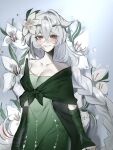  1girl bandaged_arm bandages blush braid collarbone cookie_run cowboy_shot dress flower green_dress hair_flower hair_ornament highres lily_(flower) long_hair looking_at_viewer nova_1810 red_eyes shawl simple_background single_braid smile solo standing white_hair white_lily_cookie 