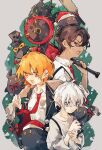  1boy 1other 2girls baseball_bat black_coat blonde_hair blue_eyes brown_eyes brown_hair clock coat collared_shirt crayon_(project_moon) dante_(limbus_company) don_quixote_(project_moon) fire gnome_(project_moon) hand_up heathcliff_(project_moon) highres holding holding_baseball_bat holding_wrench limbus_company long_sleeves minasemochii multiple_girls necktie open_mouth project_moon red_necktie saw shirt short_hair smile white_hair white_shirt wrench yellow_eyes 