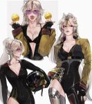  absurdres breasts cleavage fingerless_gloves genshin_impact glasses gloves hair_ornament helmet highres jacket lart_art1 lips long_hair mora_(genshin_impact) ningguang_(genshin_impact) racing_suit tagme tongue tongue_out very_long_hair white_background white_hair yellow_jacket 
