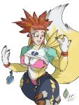  clothing digimon digimon_(species) female hair invalid_tag maroon64 red_hair renamon species_transformation thick_thighs torn_clothing transformation 