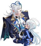  1boy 1girl ahoge ascot black_gloves blue_ascot blue_hair blue_jacket blush closed_eyes closed_mouth feather_hair_ornament feathers furina_(genshin_impact) genshin_impact gloves hair_between_eyes hair_ornament heterochromia highres jacket long_hair looking_at_viewer multicolored_hair neuvillette_(genshin_impact) open_mouth sidelocks simple_background streaked_hair two-tone_hair upper_body white_ascot white_background white_gloves white_hair yang521212 