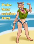 2023 aggretsuko anthro barefoot beach bottomwear breasts cleavage clothed clothing cutoffs daisy_dukes denim denim_bottomwear denim_clothing domestic_cat feet felid feline felis female front_view full-length_portrait fur genitals green_clothing green_shirt green_topwear hi_res hotpants jewelry mammal necklace nipples open_mouth partially_clothed phelpsfilchat pink_body pink_fur portrait puko_(aggretsuko) pussy sanrio seaside shirt shorts solo standing text topwear translucent translucent_clothing wet wet_clothing wet_shirt wet_topwear