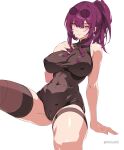  1girl breasts cameltoe covered_navel covered_nipples eyewear_on_head hair_between_eyes highres honkai:_star_rail honkai_(series) kafka_(honkai:_star_rail) kili_kilio large_breasts leotard long_hair looking_at_viewer purple_eyes purple_hair round_eyewear shiny_skin simple_background smile solo thick_thighs thigh_strap thighs white_background 