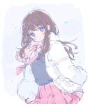  1girl blush brown_hair coat hime_cut looking_at_viewer original pink_scarf pink_skirt prewotamaru purple_eyes rabbit_pin scarf skirt sleeves_past_fingers sleeves_past_wrists smile snow snowing solo triangle_hair_ornament white_background white_coat wind 