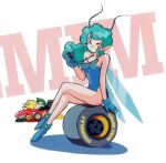  1990s_(style) 1girl antenna_hair aqua_hair blue_footwear blue_gloves blue_leotard fairy fairy_wings gloves hikaru_(parodius) leotard long_hair looking_at_viewer lowres non-web_source official_art one_eye_closed parodius pointy_ears retro_artstyle sitting smile solo wheel white_background wings 