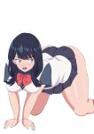  1girl absurdres akogare_hammer all_fours ass bare_legs black_hair black_skirt blue_eyes blush bow breasts check_commentary collared_shirt commentary commentary_request curvy eyelashes fallen_down gridman_universe gridman_universe_(film) highres long_hair looking_back miniskirt open_mouth pleated_skirt plump red_bow red_socks school_uniform shirt short_sleeves simple_background skirt small_breasts socks solo ssss.gridman sweat sweater_vest swept_bangs takarada_rikka thighs uniform white_background 