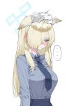  ... 1girl 1other animal_ear_fluff animal_ears averting_eyes blonde_hair blue_archive blue_necktie blue_shirt blue_skirt blush breasts disembodied_limb ear_blush english_text hair_over_one_eye halo hand_on_another&#039;s_head headpat highres kanna_(blue_archive) large_breasts long_hair lonklink looking_down necktie one_eye_covered shirt shirt_tucked_in simple_background skirt solo_focus speech_bubble spoken_ellipsis straight_hair sweatdrop upper_body very_long_hair white_background 