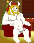 2023 3_toes absurd_res anthro asgore_dreemurr barefoot beard blonde_hair boss_monster bovid bovine caprine cel_shading christmas christmas_clothing christmas_headwear christmas_tree clothing erection facial_hair feet furniture genitals goat hair hat headgear headwear hi_res holidays horn male mammal nipples nude on_sofa penis plant reggie_rakun santa_hat shaded sitting sitting_on_sofa sofa solo star toes tree undertale undertale_(series)