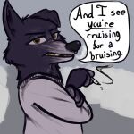 1:1 2023 4_fingers anthro betty_(weaver) black_body black_fur breath brown_eyes canid canine canis cigarette cigarette_smoke clothing detailed_background dialogue english_text female fingers fur grey_clothing grey_shirt grey_topwear hi_res holding_cigarette holding_object looking_at_viewer mammal mature_female one_ear_up pack_street shirt sneer snow solo speech_bubble talking_to_viewer tangerine_(artist) teeth text topwear wolf yellow_teeth