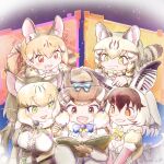  5girls animal_ears bat_ears bat_girl bat_wings bow bowtie brown_eyes brown_hair brown_long-eared_bat_(kemono_friends) cat_ears cat_girl cat_tail chipmunk_ears chipmunk_girl chipmunk_tail elbow_gloves extra_ears geoffroy&#039;s_cat_(kemono_friends) gloves green_eyes grey_hair highres jacket jungle_cat_(kemono_friends) kemono_friends kemono_friends_v_project large-spotted_genet_(kemono_friends) leotard long_hair microphone multiple_girls red_eyes ribbon saival_cat shirt short_hair shorts siberian_chipmunk_(kemono_friends) simple_background skirt tail thighhighs twintails vest virtual_youtuber wings 