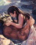  1boy 1girl bara beach black_hair blush closed_eyes cross_scar dark-skinned_male dark_skin dress earrings from_side helmet hetero hime_cut hug jewelry light_particles long_hair looking_at_another muscular muscular_male profile protagonist_2_(housamo) rock scar scar_on_arm shiva_(housamo) tass_commuovere tokyo_afterschool_summoners topless_male veins veiny_arms wet wet_clothes wet_dress white_dress 
