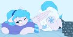 bedding big_diaper blanket blue_eyes blue_hair blue_tail blush cutie_mark diaper equid equine fan_character female feral hair hasbro hi_res mammal my_little_pony one_eye_closed pegasus poofy_diaper quadruped scarf shuphle snow_wing_(toastpony) tail wings
