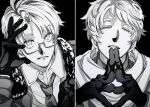  2boys america_(hetalia) axis_powers_hetalia black_background close-up collared_shirt glasses gloves greyscale half-closed_eyes hand_on_own_head hand_up hatching_(texture) highres light_smile linear_hatching long_sleeves looking_at_viewer male_focus messy_hair monochrome multiple_boys naotin3333 necktie open_collar own_hands_together parted_lips portrait russia_(hetalia) scarf semi-rimless_eyewear shirt short_hair simple_background steepled_fingers under-rim_eyewear 