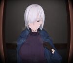  1girl black_gloves blue_coat breasts closed_mouth coat doorway earrings fiona_frost gloves grey_hair hair_over_one_eye indoors jewelry jjanda large_breasts looking_at_viewer open_clothes open_coat purple_sweater ribbed_sweater short_hair solo spy_x_family sweater turtleneck turtleneck_sweater upper_body 