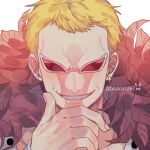  1boy artist_name bbzico1267 blonde_hair coat coat_on_shoulders commentary donquixote_doflamingo earrings evil_smile feather_coat jewelry male_focus one_piece red-tinted_eyewear short_hair signature simple_background smile solo sunglasses teeth tinted_eyewear white_background 