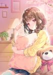  1girl bangs blue_skirt blush braid brown_hair chest_of_drawers closed_mouth commentary_request eyebrows_visible_through_hair fingernails hair_bobbles hair_ornament hair_tousle hand_up head_tilt highres long_sleeves looking_at_viewer miwabe_sakura original pillow pillow_hug pink_nails pleated_skirt red_eyes shelf shirt skindentation skirt solo stuffed_animal stuffed_toy teddy_bear thighhighs twin_braids white_legwear yellow_shirt 