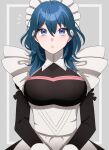  1girl apron black_dress blue_eyes blue_hair blush breasts byleth_(female)_(fire_emblem) byleth_(fire_emblem) closed_mouth dress fire_emblem fire_emblem:_three_houses gmais2514 hair_between_eyes highres large_breasts long_hair long_sleeves looking_at_viewer maid maid_headdress mixed-language_commentary official_alternate_costume solo waist_apron wavy_hair white_apron 
