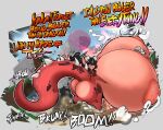 anthro big_breasts big_butt black bodily_fluids body_size_growth breast_expansion breasts butt destruction destruction_of_property dialogue dragon expansion female growth hair hi_res horn huge_breasts huge_butt hyper hyper_breasts lactating long_tail macro mr-walrus onomatopoeia red_body red_scales scales size_transformation solo sound_effects spikes spikes_(anatomy) tail text transformation