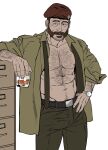  1boy abs alcohol arm_hair bara beard blue_eyes bonjourdraws brown_facial_hair brown_hair brown_necktie brown_pants call_of_duty call_of_duty:_modern_warfare_2 call_of_duty:_modern_warfare_3 captain_price center_opening chest_hair colored_skin cup facial_hair file_cabinet glass green_shirt hand_on_own_hip hat highres holding holding_cup looking_to_the_side male_focus mature_male military_operator navel necktie nipples pants pectorals pubic_hair red_headwear shirt short_hair solo thick_beard watch whiskey white_background white_skin wristwatch 