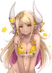  1girl alternate_costume bangs bare_shoulders bikini blonde_hair blush braid breasts cleavage closed_mouth collarbone dark_skin draph eyebrows_visible_through_hair fang fang_out floral_print front-tie_bikini front-tie_top granblue_fantasy highres horns kuvira_(granblue_fantasy) large_breasts long_hair looking_at_viewer navel parted_bangs pilokey pointy_ears simple_background sketch smile solo swimsuit upper_body white_background yellow_bikini yellow_eyes 
