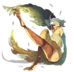  1girl absurdres ahoge arm_up bird_legs blue_hair camisole closed_eyes digitigrade feathered_wings feathers flat_chest full_body harpy highres hinekure-boy monster_girl monster_musume_no_iru_nichijou navel open_mouth papi_(monster_musume) short_shorts shorts simple_background solo strap_slip teeth upper_teeth_only white_background white_camisole winged_arms wings 
