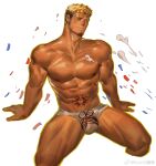  1boy abs bara birthday blonde_hair briefs bulge confetti crotch_ribbon facial_hair feet_out_of_frame from_above goatee gyee hands_on_ground head_tilt highres large_pectorals long_sideburns male_focus male_underwear mature_male muscular muscular_male muyu_(muyu824127) navel nipples original pectorals precum precum_through_clothes romg scar scar_across_eye second-party_source see-through short_hair shy sideburns sideburns_stubble sitting stomach stomach_tattoo tattoo thick_eyebrows thighs topless_male undercut underwear wet wet_clothes wet_male_underwear white_male_underwear 