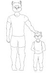anthro azariah_(drills_out) basketball_shorts bottomwear carter_(drills_out) child clothing denim denim_bottomwear denim_clothing digitigrade drills_out duo father_(lore) father_and_child_(lore) father_and_son_(lore) felid feline hand_on_head hi_res hybrid jeans male male/male mammal pants parent_(lore) parent_and_child_(lore) parent_and_son_(lore) shirt son_(lore) tank_top topwear young