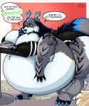 absurd_res anthro antlers belly big_belly black_body black_fur bloated blue_eyes blue_tongue blush burping clothing dialogue dragon drokmars female fur grey_body grey_fur gym_clothing hi_res horn hyper hyper_belly leaning leaning_on_object overweight solo tail tight_clothing tongue weight_gain white_body white_fur workout_clothing