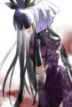  1girl black_gloves black_hair china_dress chinese_clothes dress flower flower_on_head from_side gloves hand_up highres kaigen_1025 long_hair open_mouth purple_dress purple_flower short_sleeves side_ponytail solo touhou yomotsu_hisami 