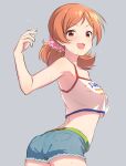  1girl armpits ass bare_shoulders belt blush breasts brown_eyes brown_hair chelle_ingham cleavage collarbone cowboy_shot crop_top cropped_shirt denim denim_shorts dot_nose flying_sweatdrops from_behind green_belt grey_background hair_ornament hair_scrunchie hand_up highres idolmaster idolmaster_cinderella_girls idolmaster_cinderella_girls_starlight_stage komatsu_ibuki large_breasts looking_at_viewer looking_back low_twintails midriff open_mouth outstretched_arm pink_scrunchie print_shirt scrunchie shirt short_hair shorts simple_background sleeveless sleeveless_shirt smile solo standing sweatdrop text_print twintails v-shaped_eyebrows white_shirt 