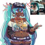  1girl ai-generated_art_(topic) alternate_skin_color aqua_eyes aqua_hair baseball_cap black_shorts black_thighhighs bra_strap bracelet chain_necklace commentary cowboy_shot dark-skinned_female dark_skin earrings english_commentary groin hand_on_own_hip hat hatsune_miku highres hoop_earrings jewelry long_hair micro_shorts midriff necklace off-shoulder_shirt off_shoulder open_mouth reference_inset ring shirt shorts signature solo supacreamss thighhighs twintails very_dark_skin very_long_hair vocaloid 