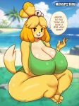 animal_crossing anthro biped blush breasts canid canine canis clothing dialogue domestic_dog female hair hi_res isabelle_(animal_crossing) mammal matospectoru nintendo one-piece_swimsuit open_mouth pupils shih_tzu smile speech_bubble swimwear text thick_thighs toy_dog